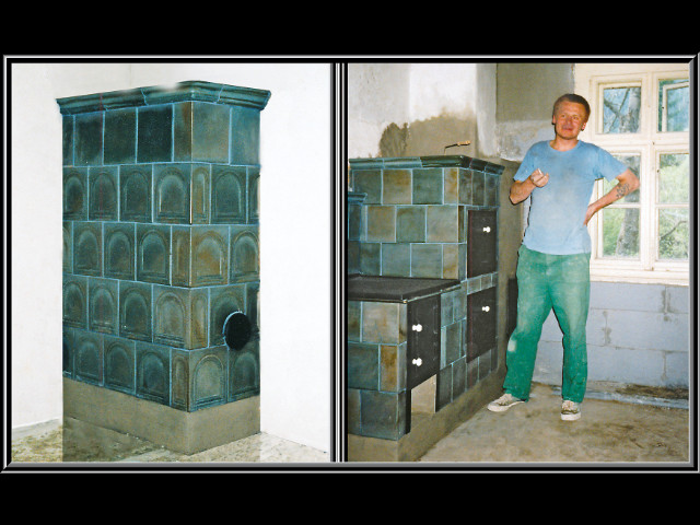 Pec cez stenu, kde sa jednym nakladaním z jedného ohniska (šporák) vyhrieva viac miestností, rok asi 1998