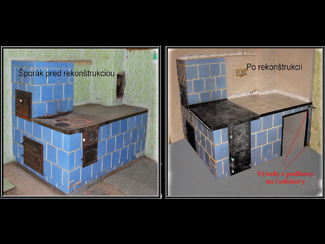 Rekonštrukcia starého 100 ročného šporáku doplnená o podkovu na radiátory, v Pruskom, rok 2006