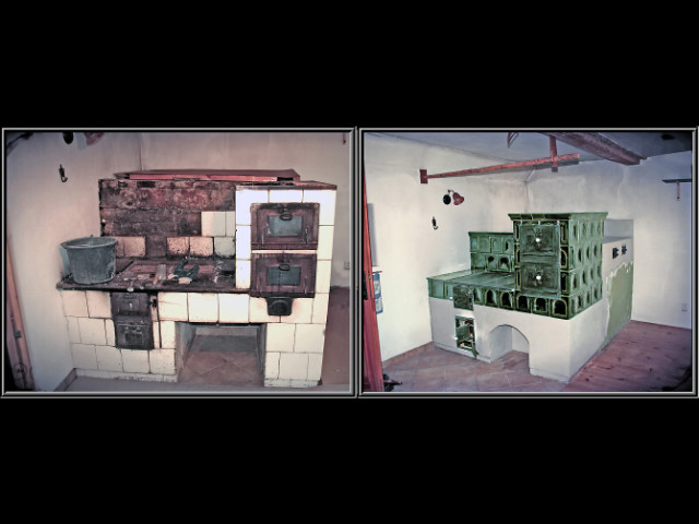 Starý šporák pri Prahe sme nahradili (po dohode so zákazníkom) novým, nakoľko rekonštrukcia uvedeného z hľadiska zožíhaných kachlíc by bola veľmi náročná. Bola vsadena aj podkova na radiátory, tj letné a zimné kúrenie. Za šporákom je v ťahoch spalín (horúceho dymu) vyhrievaná veľká posteľ, kde spaliny idú aj cez danú posteľ.