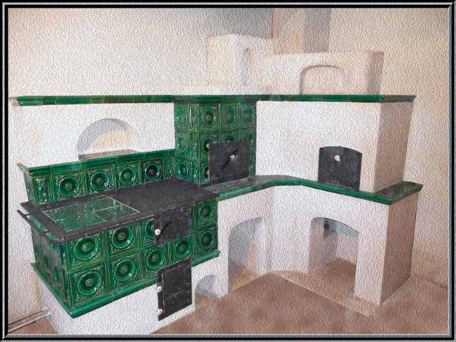 Šporák krátko po postavení, s podkovou na radiátory, viac členitý, vpravo je aj pec na pizzu